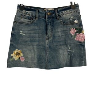 Angel Kiss Blue Denim Skirt with Floral Embroidery M NWOT